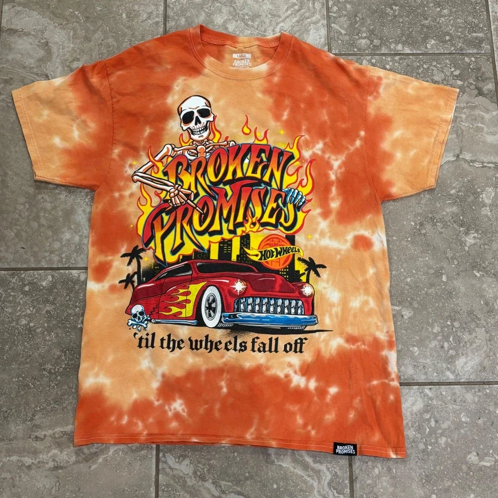 Broken Promises Hot Wheels Skeleton Tie Dye Graphic T-Shirt Orange Kids Large